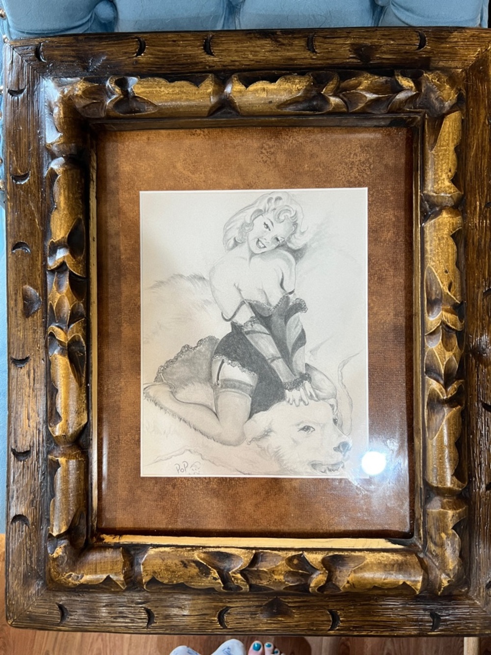 Vintage 1962 Pinup Pencil Sketch “Bearback Rider” by Gil Elvgrin in wood frame